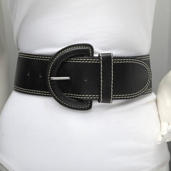 Belt Shak Vegan Leather Wide Belt Black Contrast Stitching Half Moon Buckle - Picture 6 of 11